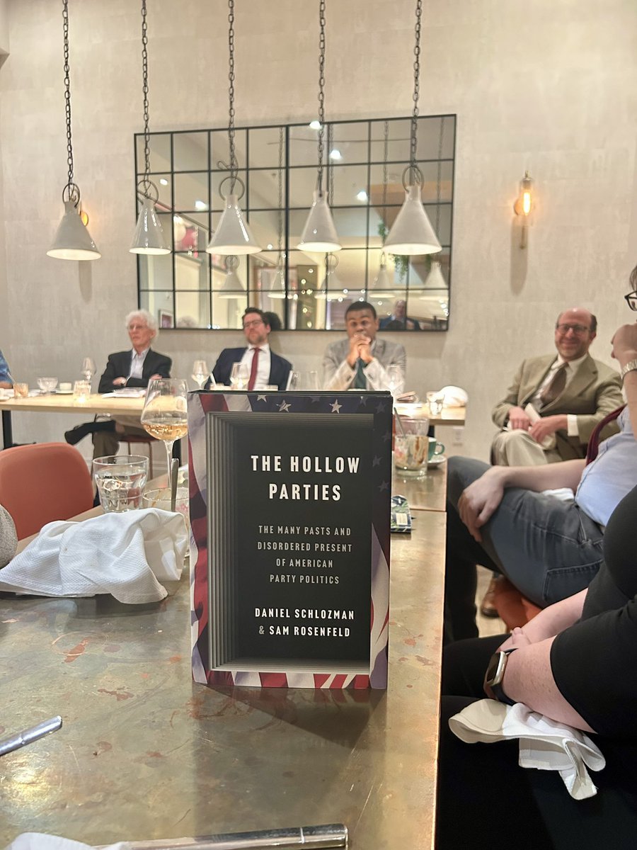 Great discussion over dinner of new book Hollow Parties by @daschloz and @sam_rosenfeld. Good book. Good ideas. Generally believe we need more than two options to unhollow parties but lots of food for thought.