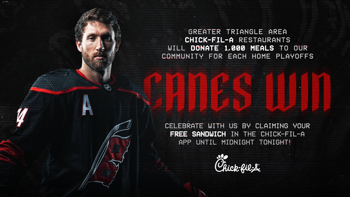 A #Canes series win = 1,000 meals for the community! Caniacs can celebrate by claiming a free sandwich in the @ChickfilA app until midnight tonight!