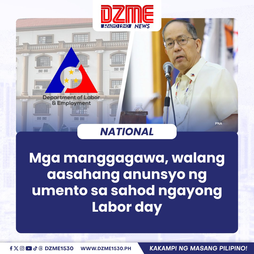 Nanindigan si Labor Sec. Bienvenido Laguesma Jr. na lahat ng regional tripartite wages and productivity boards sa buong bansa ay naglabas na ng kautusan na nag-apruba sa umento para sa minimum wage earners at kasambahay. | Lea Soriano-Rivera

Basahin: dzme1530.ph/mga-manggagawa…