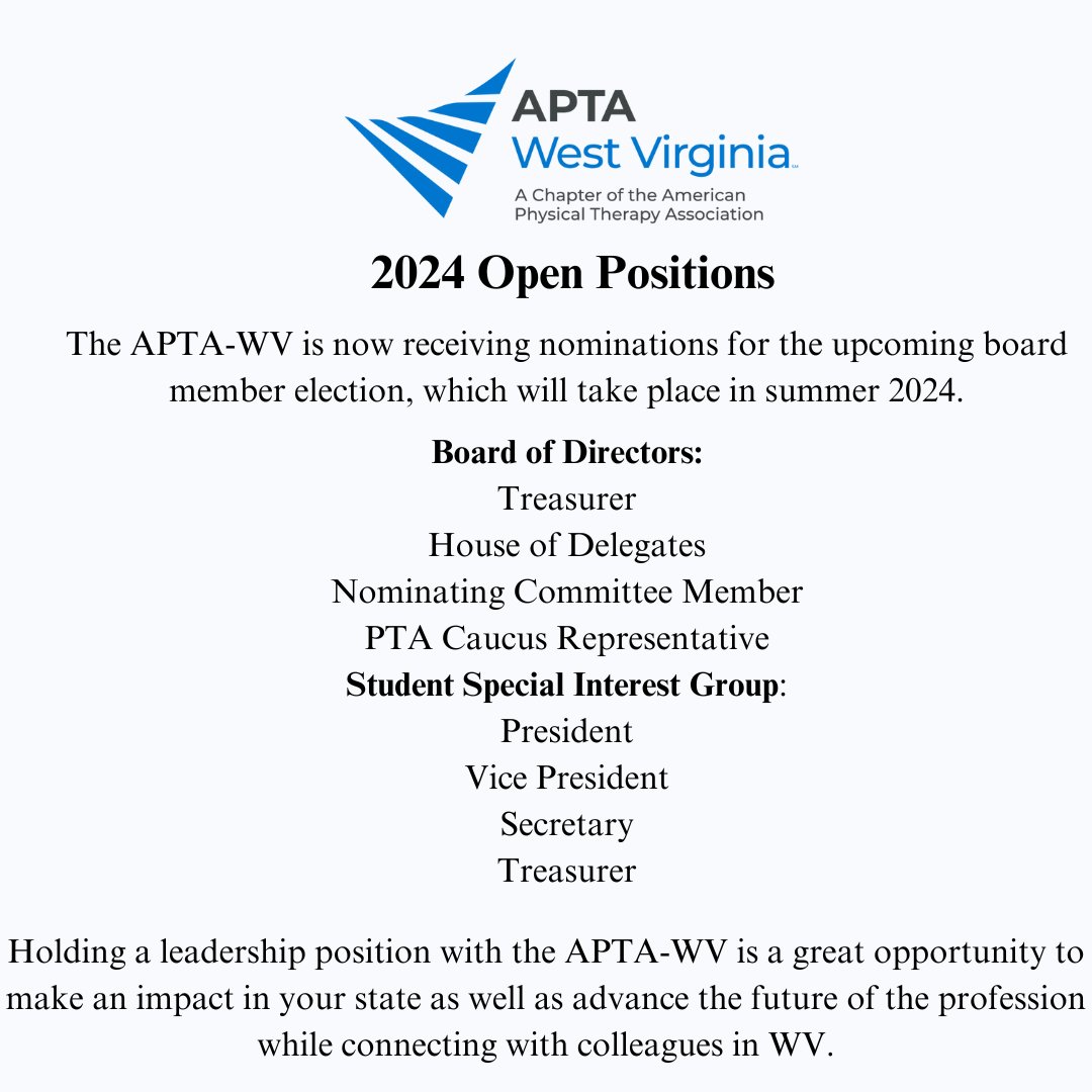 2nd Call for Nominations! 
If you are considering nominating yourself or someone else, or have questions about an open position, please do not hesitate to contact the Nominating Committee Chair. 
Sara Mayle: smayle33@gmail.com