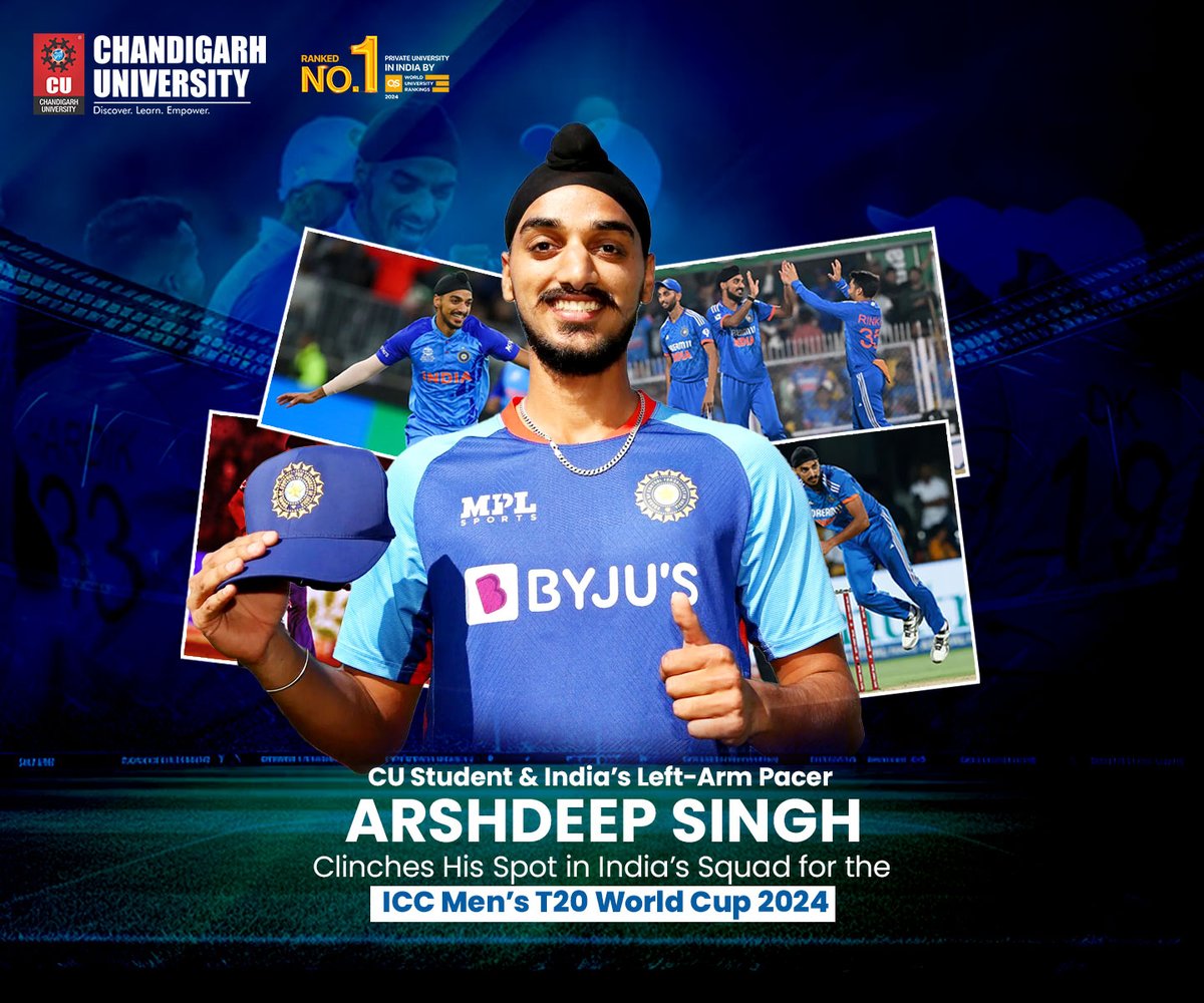 #ChandigarhUniversity exudes exuberance as our esteemed student and India's proficient left-arm pacer, Arshdeep Singh, has officially clinched his spot in India’s Squad for the ICC Men’s #T20WorldCup2024.

Let's give a round of applause for @arshdeepsinghh, whose unwavering…