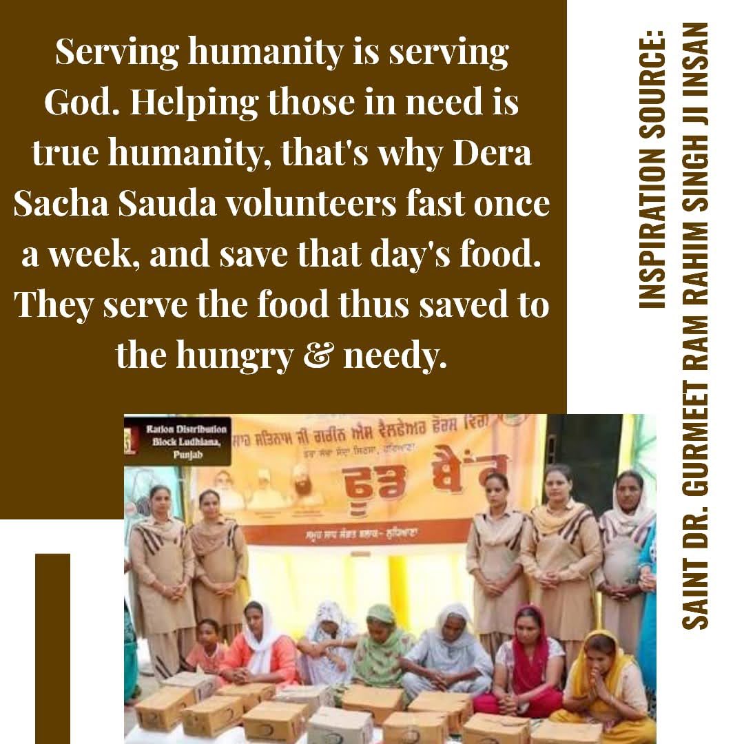 Food Bank by Dera Sacha Sauda is not at a single particular place. It’s at all those places where the volunteers of DSS reside. Volunteers keep fast once a week for humanity and donate food/ ration to poor needy. #FastForHumanity
@Gurmeetramrahim g