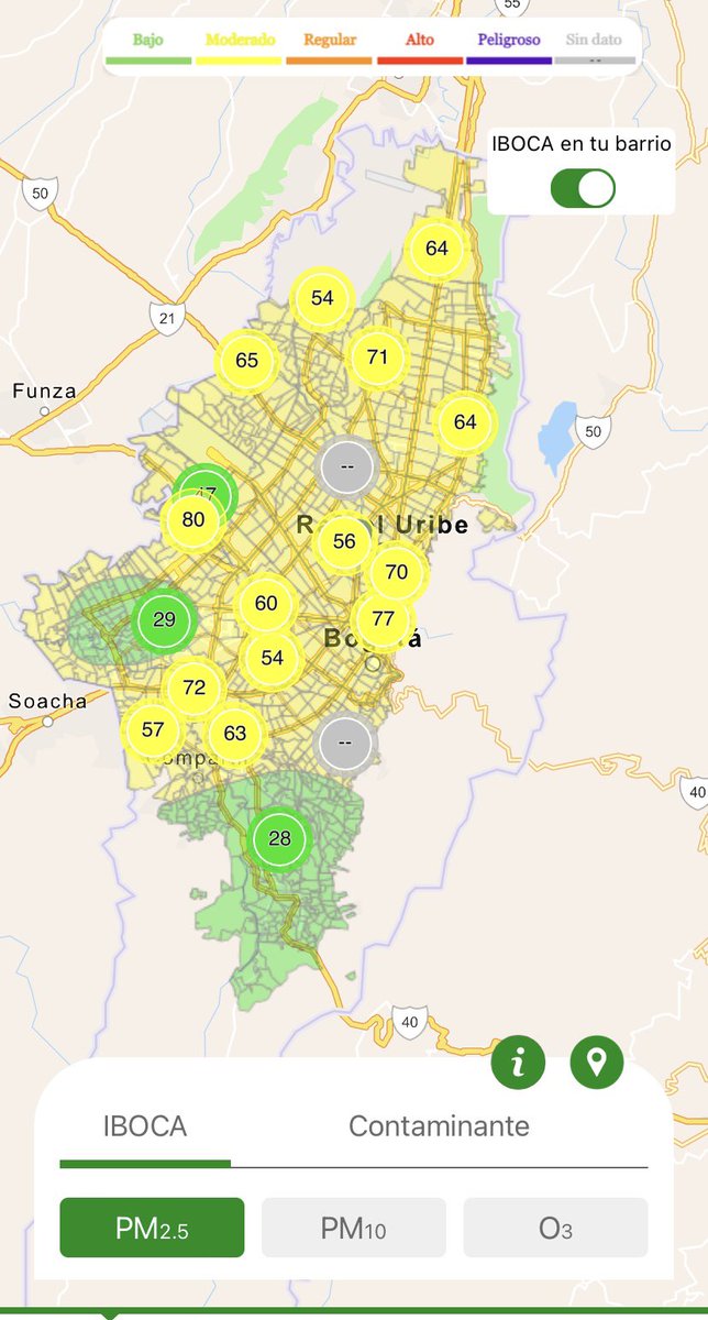 Hoy, el Índice Bogotano de Calidad del Aire y Riesgo en Salud reporta, 3 estaciones en estado favorable 🟢 y 14 en moderado 🟡. Ayuda a la #CalidadDelAire de la ciudad: muévete en bici, elimina el uso aerosoles y no hagas quemas. Monitorea tu zona 👉🏽 iboca.ambientebogota.gov.co