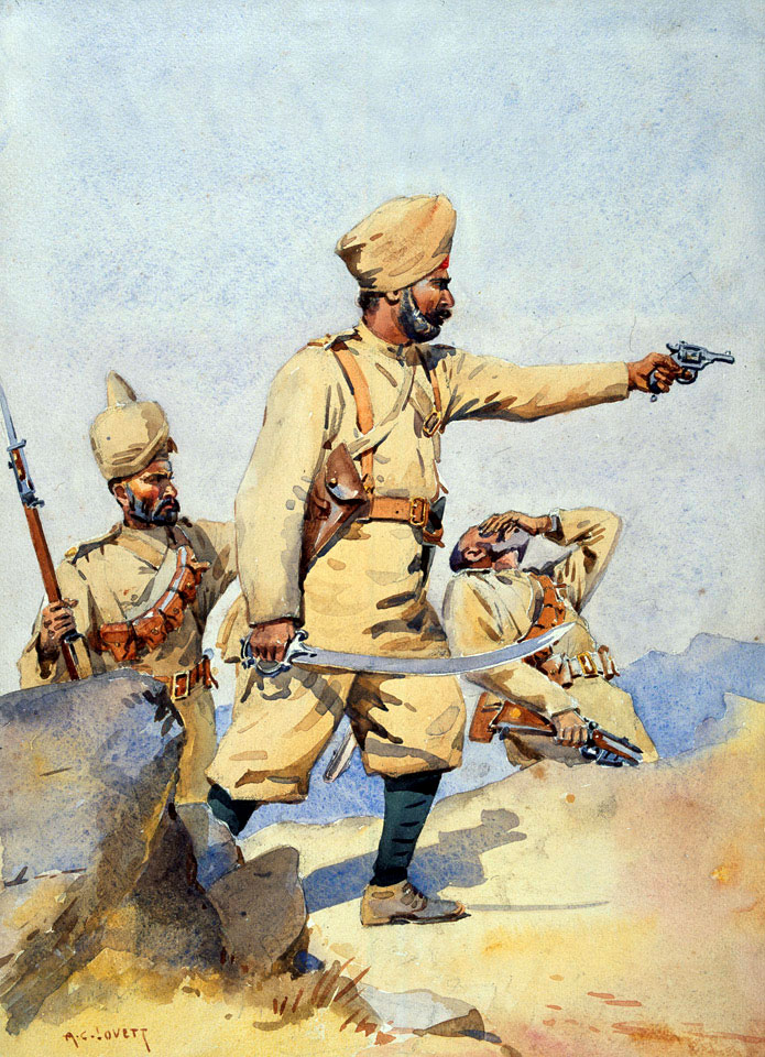 Illustration of a Jat Sikh Subedar with Sepoy Malikdin Khel (Afridi Pathan) of the 24th Punjabis - 1908 India, The Northwest Frontier. The khaki uniform of many Indian regiments was ideal for active service on the North-West Frontier Province.