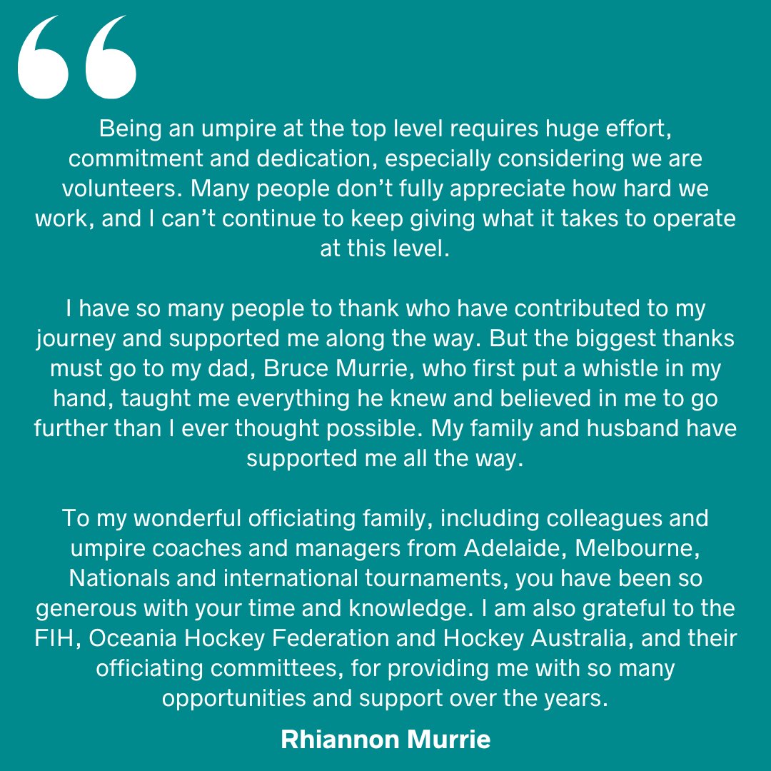 Rhiannon Murrie has announced her retirement from international umpiring with the Perth International Festival of Hockey serving has her swan song. Congratulations on a great international career Rhiannon and thank you for representing Australia on the world stage.