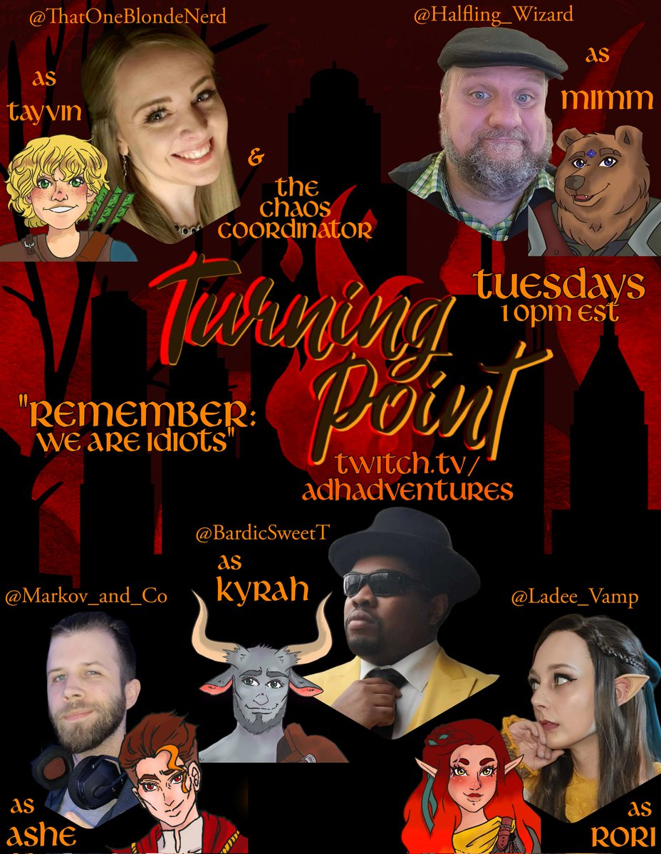 Tonight 'Turning Point' cast is going up against a magic-eating, parasitic, definitely NOT fey Voltron-esque conglomeration of tiny pixies in flowers made of gems that have created a 50ft behemoth. Or something 👀 Now on twitch.tv/adhadventures! #dungeonsanddragons #ttrpg #dnd