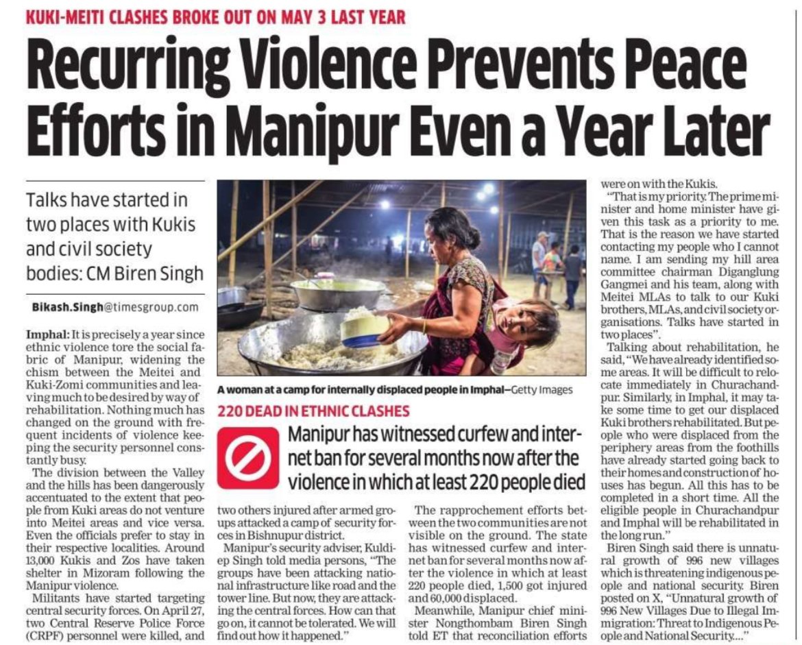 ET spins the headline very hard. Peace efforts by whom - Modi, who has not visited the state once or spoken about it? Or Biren, who has run a majoritarian anti-Kuki campaign in the state and has not been sacked after a year of violence?