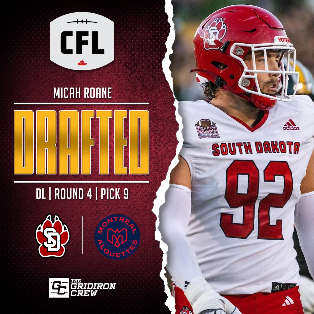 Congratulations to #TGCathlete DL Micah Roane on being the 38th overall selection in the 2024 CFL National Draft by the @MTLAlouettes. The 6’4 255lb former South Dakota Coyote will be a great addition for Montreal. #thegridironcrew #CFL #cfldraft #montrealalouettes