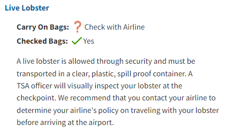 Yes, this is actually on the TSA website. I wonder what the TSA officer would be looking for... #AirportSecurity #TSA #MyLobsterAndI #GoingOnATrip 🦞