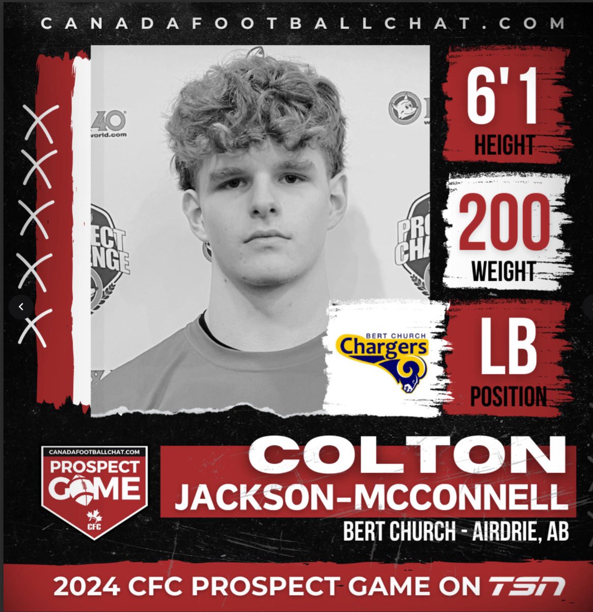 Colton Jackson-McConnell 26’ MLB (@coltonjackson_m) on Twitter photo Excited to share that I'll be playing in the <a href="/CFCProspectGame/">CFC Prospect Game</a> live on <a href="/TSN_Sports/">TSN</a> from TD Place Stadium on May 31st‼️🏈
Huge thanks to <a href="/chatfootball/">CanadaFootballChat</a>, and @Maximus_CFC for the opportunity! Can't wait to represent Airdrie, Alberta, and Bert Church High School!
#AGTG Excited to share that I'll be playing in the <a href="/CFCProspectGame/">CFC Prospect Game</a> live on <a href="/TSN_Sports/">TSN</a> from TD Place Stadium on May 31st‼️🏈
Huge thanks to <a href="/chatfootball/">CanadaFootballChat</a>, and @Maximus_CFC for the opportunity! Can't wait to represent Airdrie, Alberta, and Bert Church High School!
#AGTG