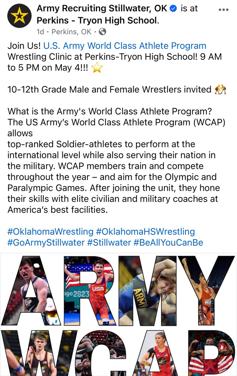 The @ArmyWCAP is hosting a wrestling camp at Perkins this weekend