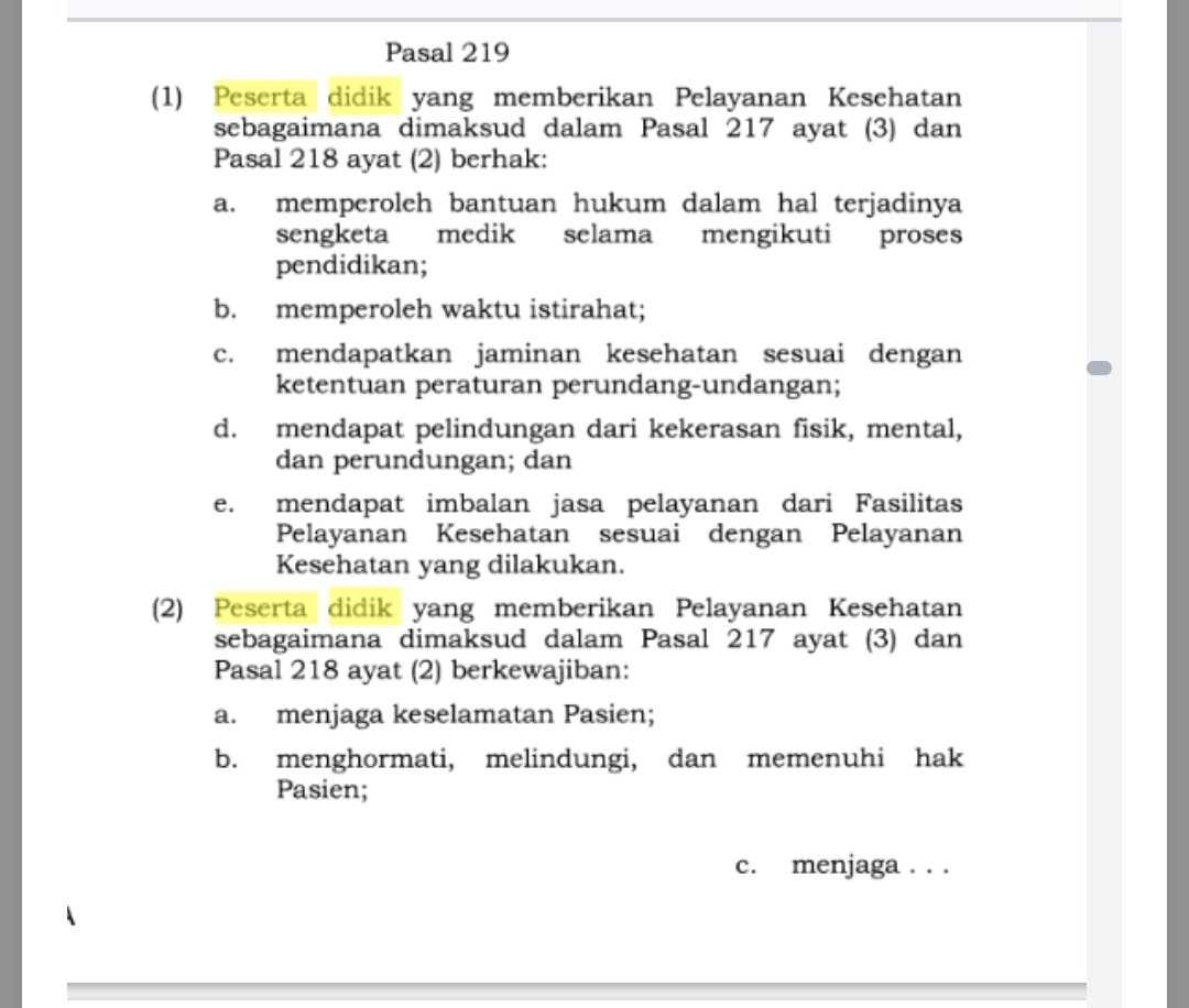 Tidak ada kata2 gaji utk PPDS dalam UU Kesehatan No 17/2023, pada pasal 219 peserta didik akan mendapat *imbal jasa* atas pelayanan yang diberikan& ini berlaku bukan untuk PPDS Hospital based saja tapi juga untuk university based,amanah UU semua PPDS dapat imbalan jasa #ppds