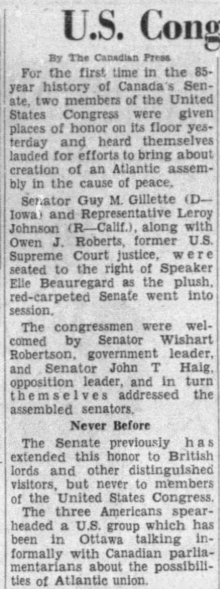 Today in Canadian parliamentary history - May 1, 1952: The Senate of Canada invites Congressmen on the floor for the first time to speak. US Senator Guy Gillette (D-Iowa), Rep Leroy Johnson (R-California), and former US Supreme Court Justice Owen Roberts comprised the delegation.