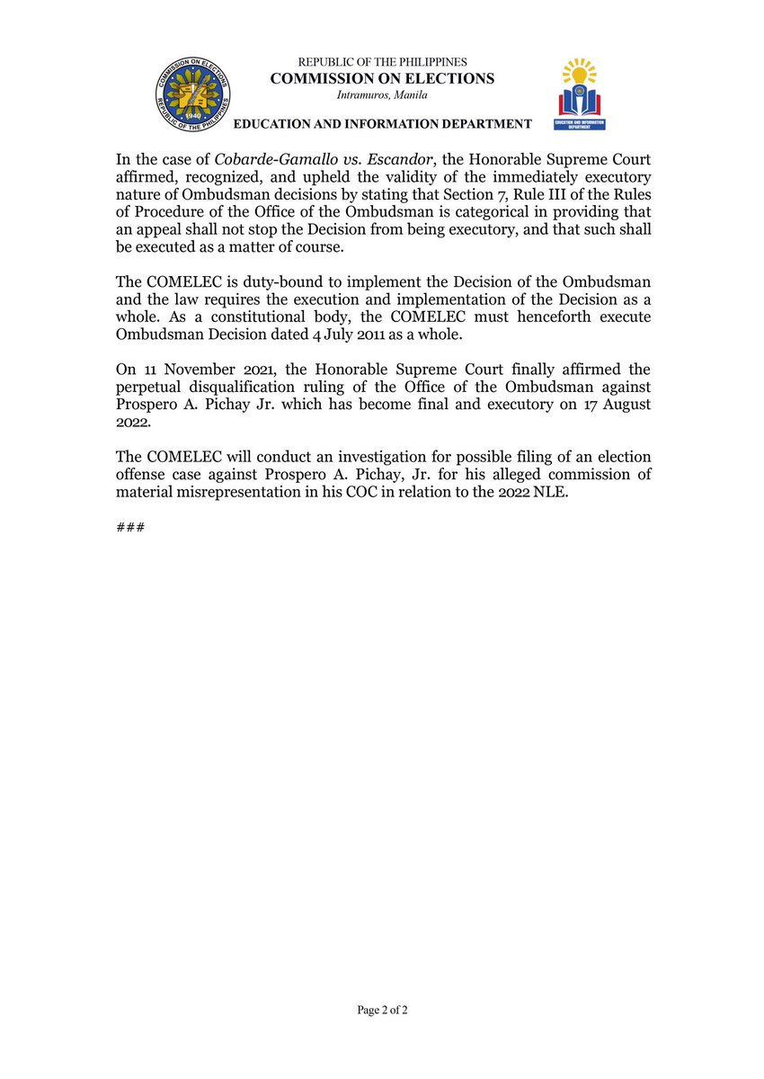 PRESS STATEMENT: Re: COMELEC En Banc Denied Due Course and Cancelled Prospero A. Pichay’s Certificate of Candidacy in relation to the 2022 NLE #COMELEC