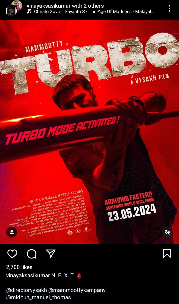 #Mammookka’s #Turbo to release on May 23!
While specific plot details are not provided, 'Turbo' promises to blend **action and comedy** in equal measure 🔥🔥
#Mammootty 
#TurboFromMay23
