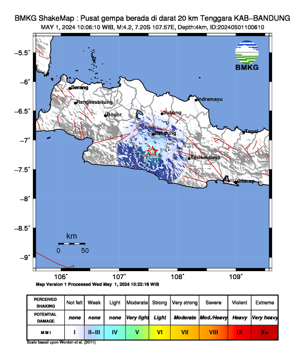 infoBMKG's tweet photo. #Gempa (UPDATE) Mag:4.2, 01-Mei-24 10:06:10 WIB, Lok:7.20 LS, 107.57 BT (Pusat gempa berada di darat 20 km Tenggara KAB-BANDUNG), Kedlmn:4 Km Dirasakan (MMI) III Majalaya, III Cibereum, III Pangalengan, III Garut, II Soreang #BMKG https://t.co/N0gpOLYH3m