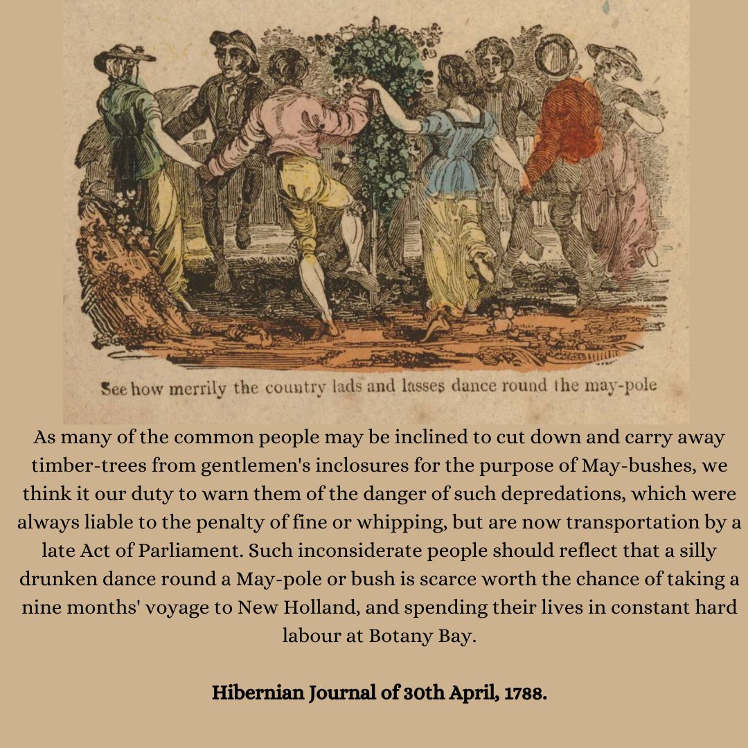 MAYPOLE WARNING
A warning in 1788 to the 'common people' who might be transported to the colony for taking maypoles for the purpose of dancing. 
NB. Dancing around maypoles with ribbons was invented in the mid-1800s as an exercise for children.
#convictculture #CulturalHeritage