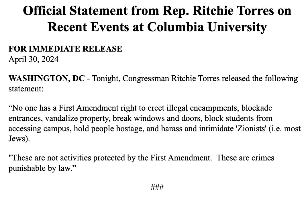 Here's pro-Israel N.Y. Democrat Ritchie Torres: 'These are not activities protected by the First Amendment.  These are crimes punishable by law.”