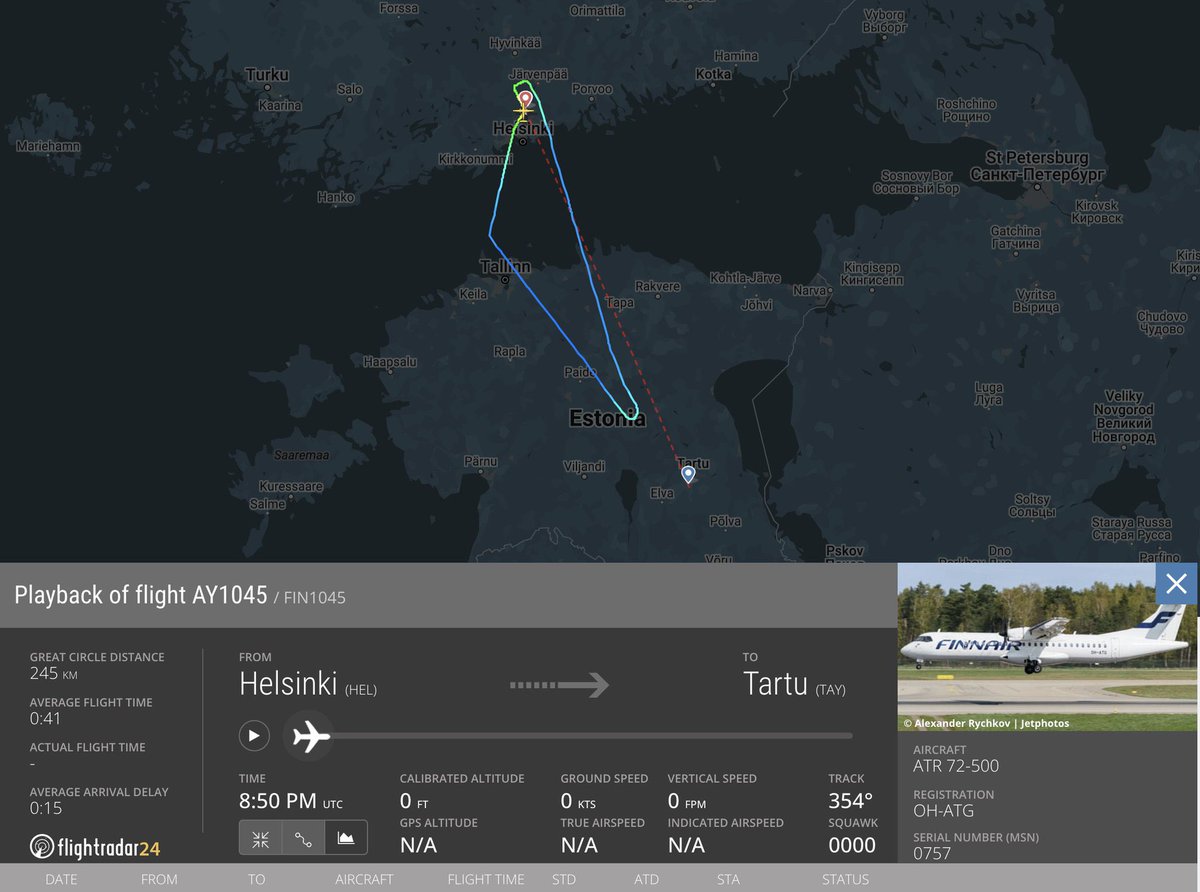 #aviationdaily Due to interference with GPS signals, @Finnair #FLIGHT AY1045 was unable to approach Tartu Airport (TAY 🇪🇪) in #Estonia for two consecutive days. ATR 72-500 aircraft (Reg. OH-ATG), which was operating the two flights on April 25 and 26, returned to the take-off