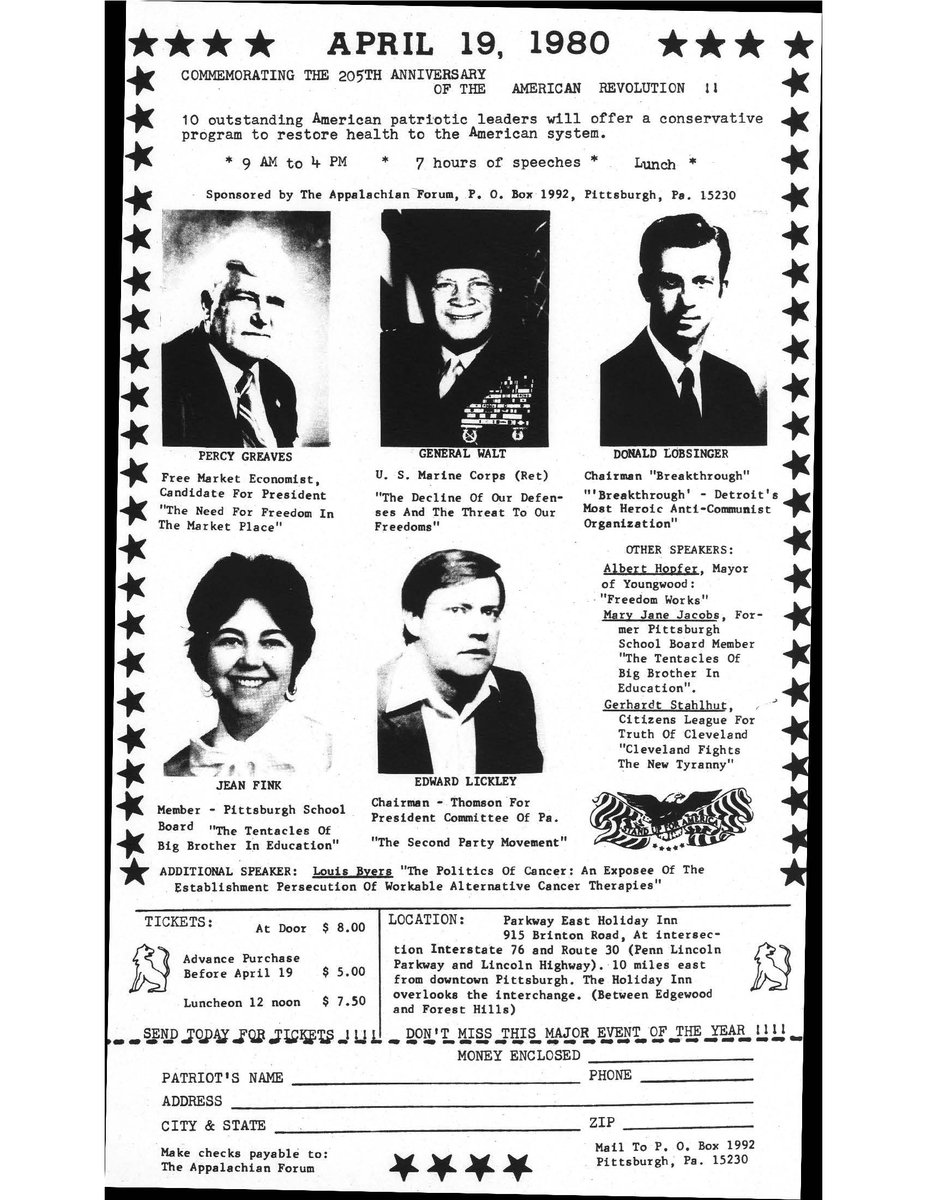 I've become both horrified and obsessed with this Pittsburgh organization that existed from the late 70s into the 80s. The "Appalachian Forum" was far from hidden, locally-based, and clearly White-supremacist organization. See alt for source: