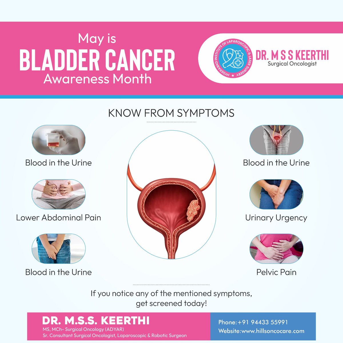 Spread #BLADDERCANCER awareness this May! Look for signs like blood in urine, abdominal or pelvic pain, urinary urgency. Early detection saves lives! 

#CancerCare #drmsskeerthi #oncologist #roboticsurgeon #cancerspecialist #Hyderabad #Secunderabad #BladderCancerAwareness