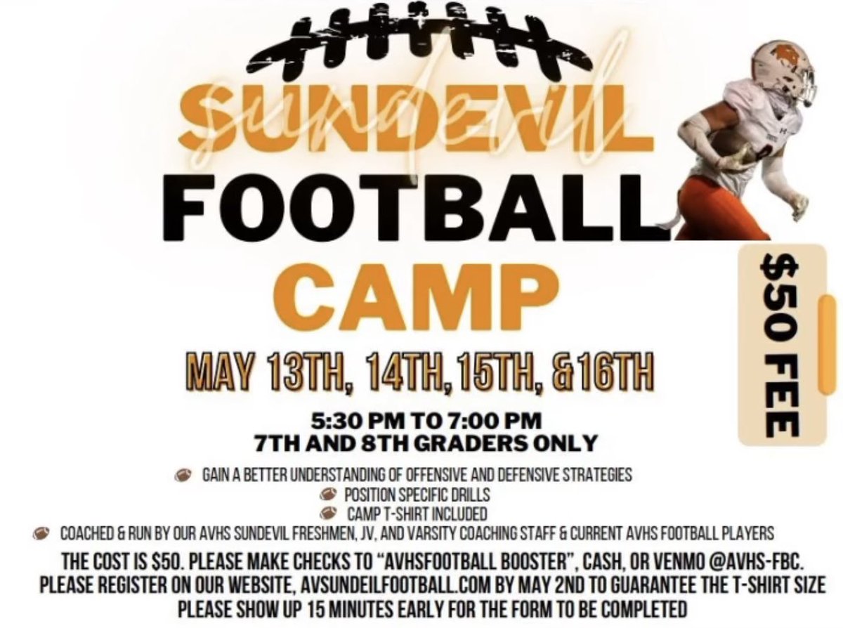 Signup by this Thursday, May 2nd and get a FREE shirt🤘All questions & details for our annual AVHS spring youth football camp go to @avhsfootballbooster ⏮️⏮️