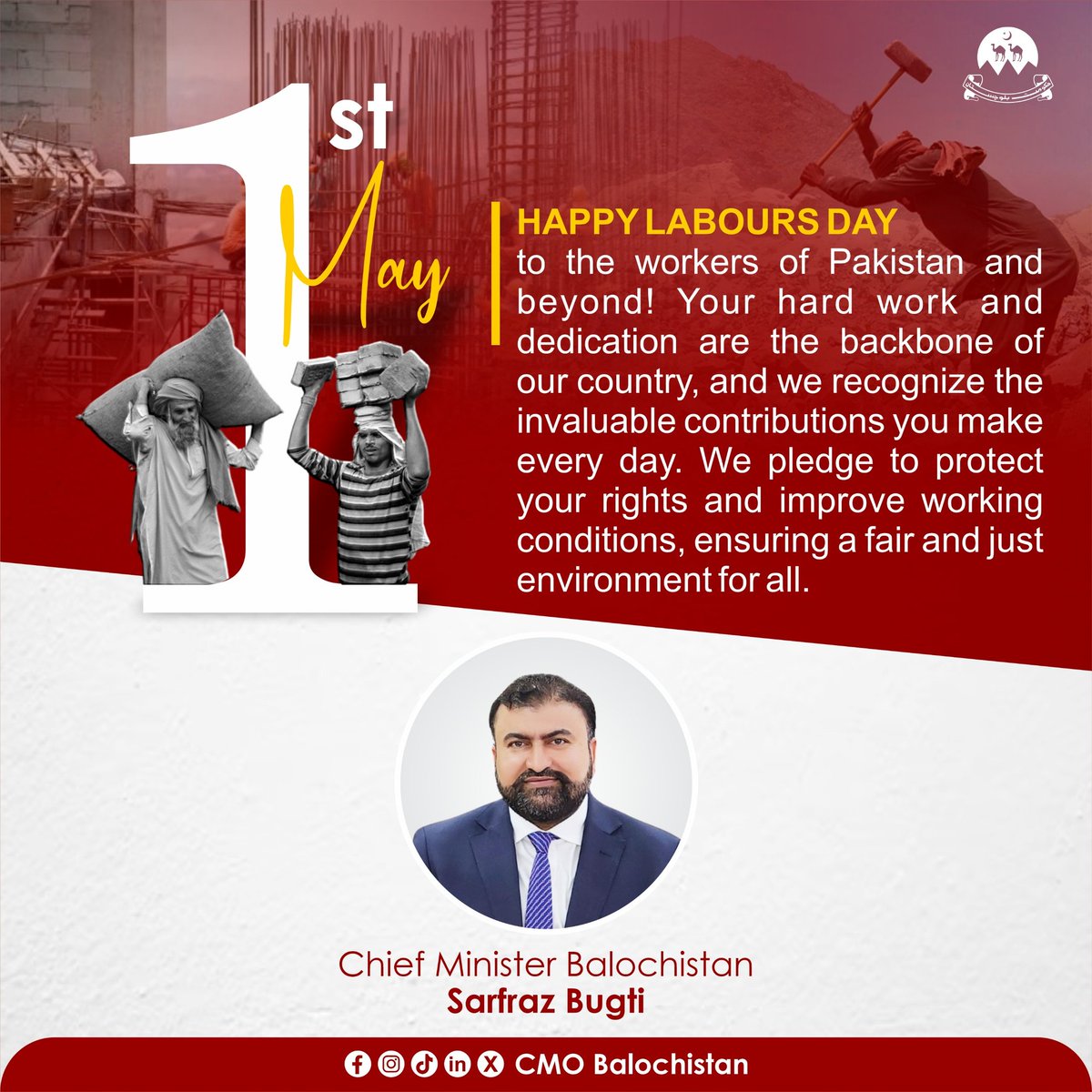 Happy Labours Day to the workers of Pakistan and beyond! Your hard work and dedication are the backbone of our country, and we recognize the invaluable contributions you make every day. #یوم_مزدور #happylaboursday #CMSarfarazBugti