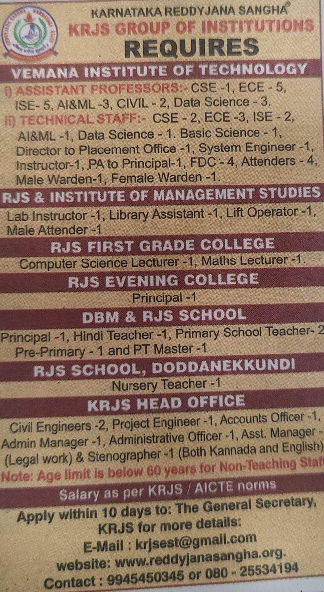 #KRJS
#karnatakareddyjanasangha 
#ಕರ್ನಾಟಕರೆಡ್ಡಿಜನಸಂಘ
#Jobopenings

Job openings in Karnataka ReddyJana Sangha group of Institutions,Bangalore

ಕರ್ನಾಟಕ ರೆಡ್ಡಿಜನ ಸಂಘ ಆಶ್ರಯದಲ್ಲಿ ನಡೆಯುತ್ತಿರುವ ವಿದ್ಯಾಸಂಸ್ಥೆಗಳಲ್ಲಿ ಉದ್ಯೋಗವಕಾಶಗಳು