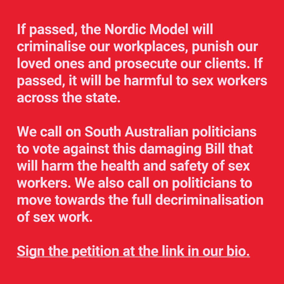 We call on South Australian politicians to vote against this damaging Bill that will harm the health and safety of sex workers. We also call on politicians to move towards the full decriminalisation of sex work. Sign the petition: bit.ly/3UGZEkC