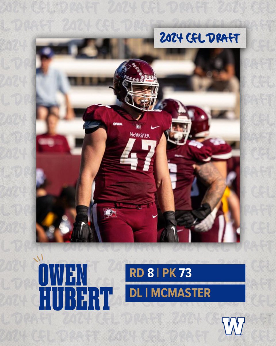 We have selected defensive lineman Owen Hubert out of @McMasterU with the 73rd overall pick in the 2024 @CFL Draft. #ForTheW