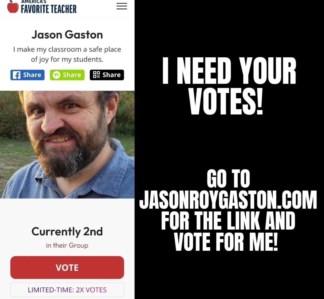 If you could spare a moment and help out @jasonroygaston with a vote for America's favorite teacher, Thank you .
americasfavteacher.org/2024/jason-gas…