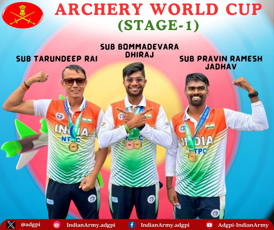 #Proud

#IndianArmy Archers Sub Tarundeep Rai, Sub Bommadevara Dhiraj & Sub Pravin Ramesh Jadhav clinched #GoldMedal🥇in Archery 🏹Team Event (Recurve) at the Archery #WorldCup (Stage-I) held at #Shanghai.
#progressingJK#NashaMuktJK #VeeronKiBhoomi #BadltaJK #Agnipath #Agniveer