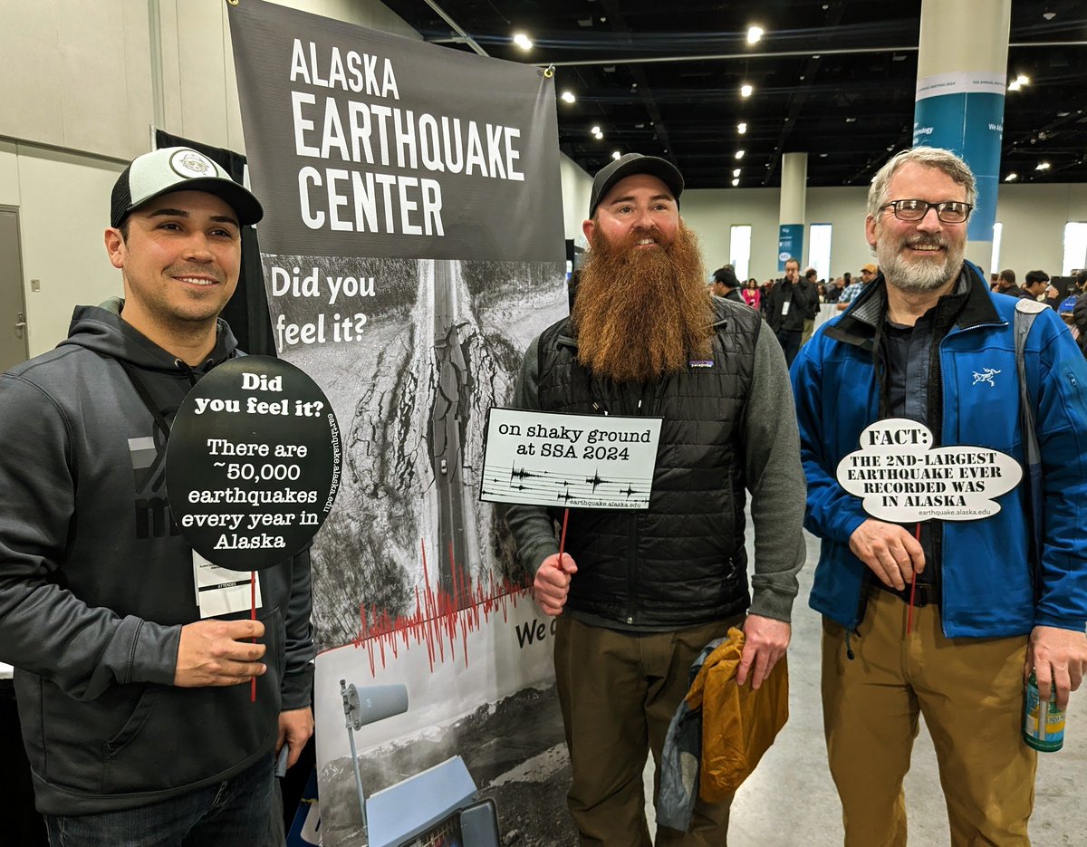 It's an honor to work with these scientists, who help keep Alaska in the know about earthquake-related hazards. Anthony Picasso, AK Division of Homeland Security & Emergency Management; Barrett Salisbury & Marwan Wartes, AK Division of Geological & Geophysical Surveys. #SSA2024