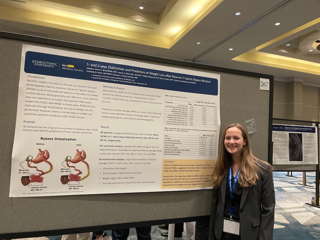 Proud of these two @GUMedicine students @Mishkiti @GBloomfieldMS for sharing their hard work on studying long term outcomes of revisional bariatric procedures at the @MedStarResearch @Georgetown Symposium. More studies to come!