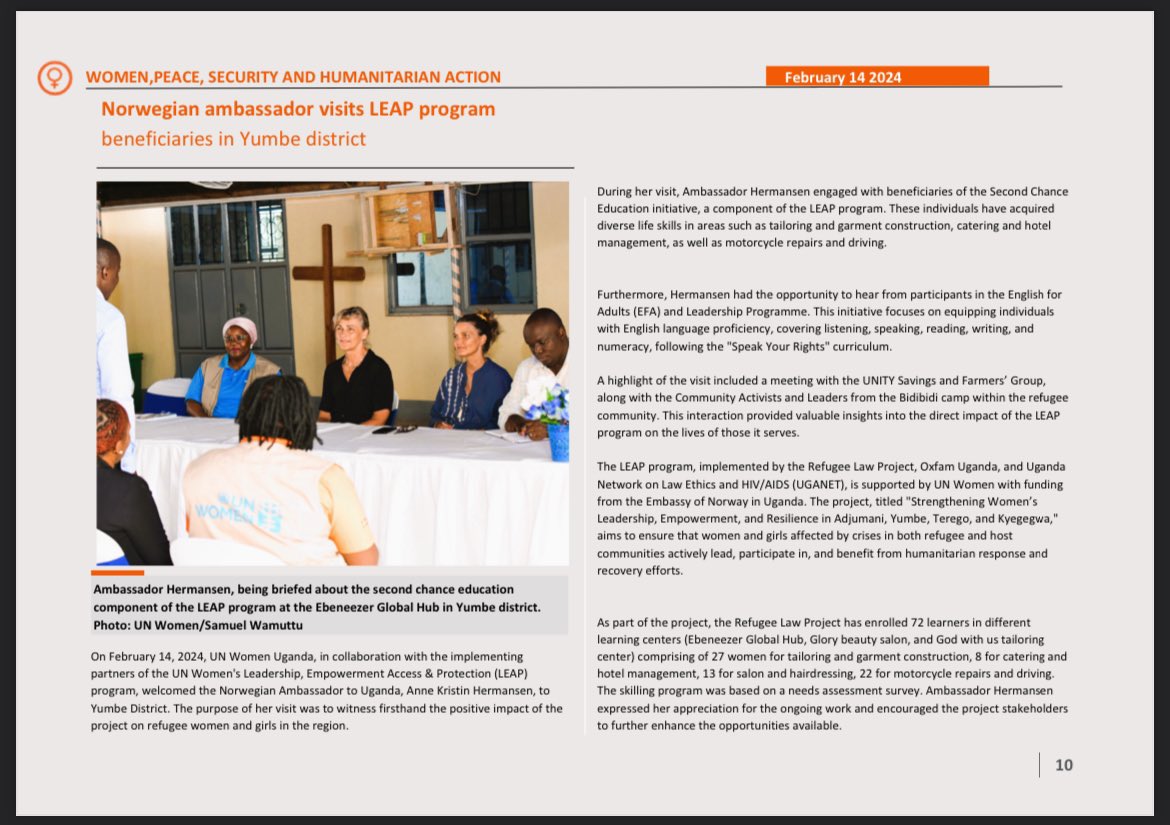 Read more about #Norway’s support to the Leadership Empowerment Access and Protection (LEAP) program managed by @unwomenuganda in their quarterly newsletter. This program empowers women in refugee and host communities in West Nile and Kyegegwa. #LeaveNoOneBehind