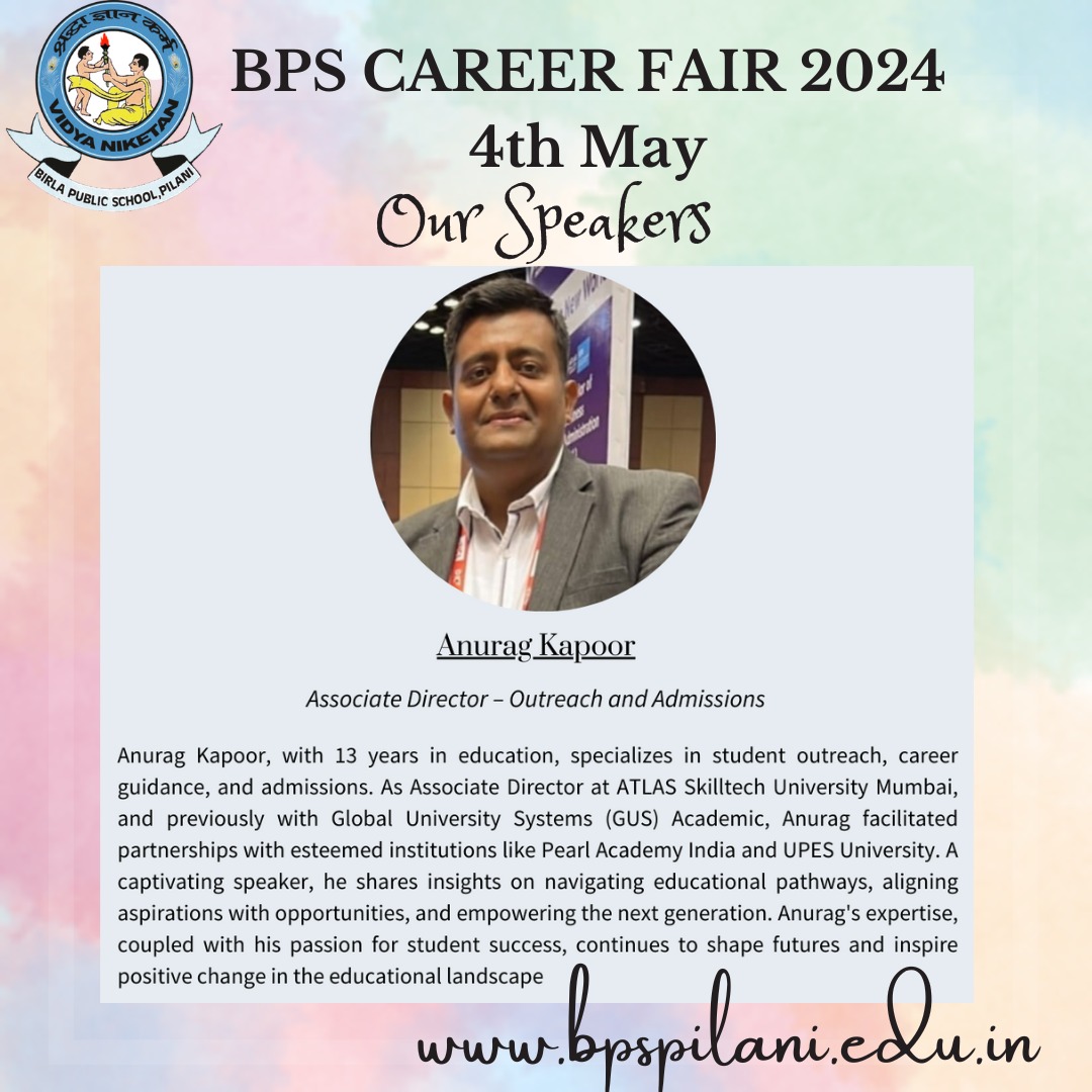Birla Public School, Pilani is proud to host the BPS Career Fair 2024!
Get inspired by our esteemed speaker Anurag Kapoor on 4th May.
#BPSCareerFair #BirlaPublicSchool #Pilani #CareerFair #betpilani #educationforall #bestschoolinindia #BPS #TopRankedSchool