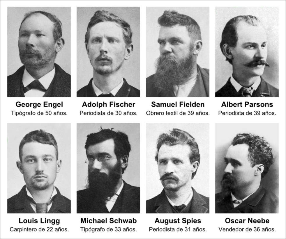 📣 #1DeMayo #DiaDelTrabajador #DiaInternacionalDeLosTrabajadores
Ellos fueron los #MártiresDeChicago. 
Estas ocho personas lucharon para que el horario laboral fuera de 8 horas y no de 12 a 16 horas incluso.En 1889, fue instaurado el 1 de mayo como el “Día del Trabajador”.
Las