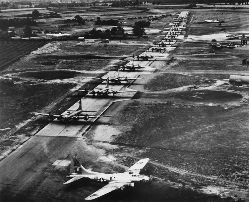 Bombers taking off in 30 second intervals.  
381st Bomb Group at Ridgewell air base.  Queen of the Skies is the lead bomber.    #WWII