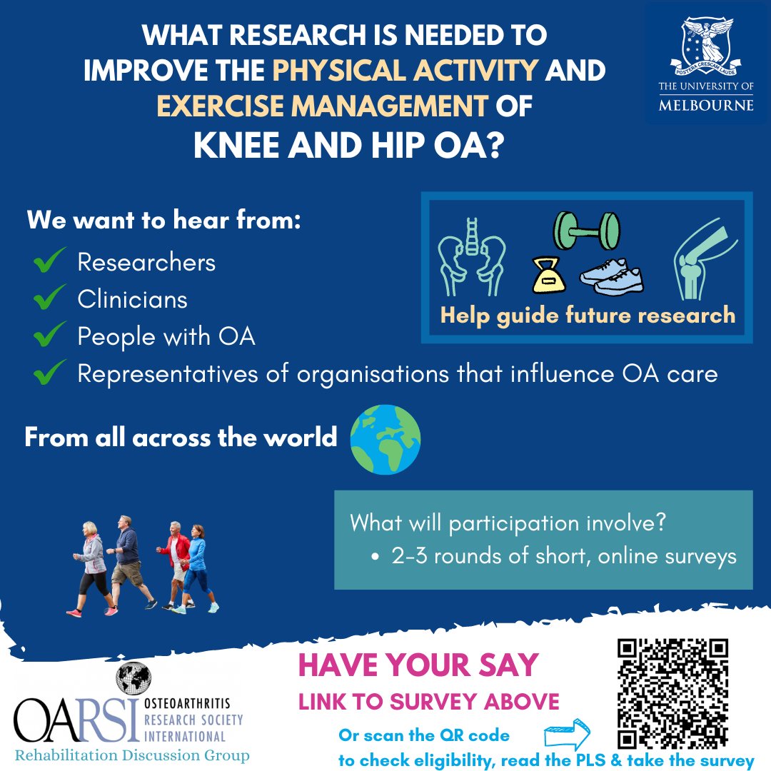 What unanswered questions do you feel are the most important research priorities to improve physical activity and #exercise management of knee and hip #osteoarthritis?

Take part and help shape future research in this area!

Survey link: redcap.link/oaresearchprio…