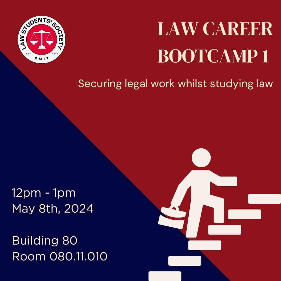 LAW CAREER BOOTCAMP 1: 12-1 pm March 8, 2024, Room 080.11.010, Building 80 
*  Accessing the 'Hidden Job Market' 

* Networking - What For? 

* Your LinkedIn Profile Matters 
* Volunteering Productively 
* Live Q&amp;A session


LINK HERE (ALSO IN BIO): events.humanitix.com/law-career-boo…