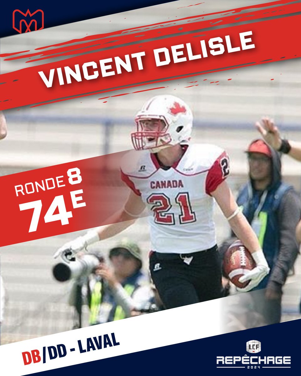 Prêt à porter le 🔵🔴....
Avec notre choix de huitième ronde, nous avons sélectionné le demi défensif, Vincent Delisle (Laval @rougeetor)

With our eighth round pick we have selected defensive back, Vincent Delisle (Laval)

#CFLDraft