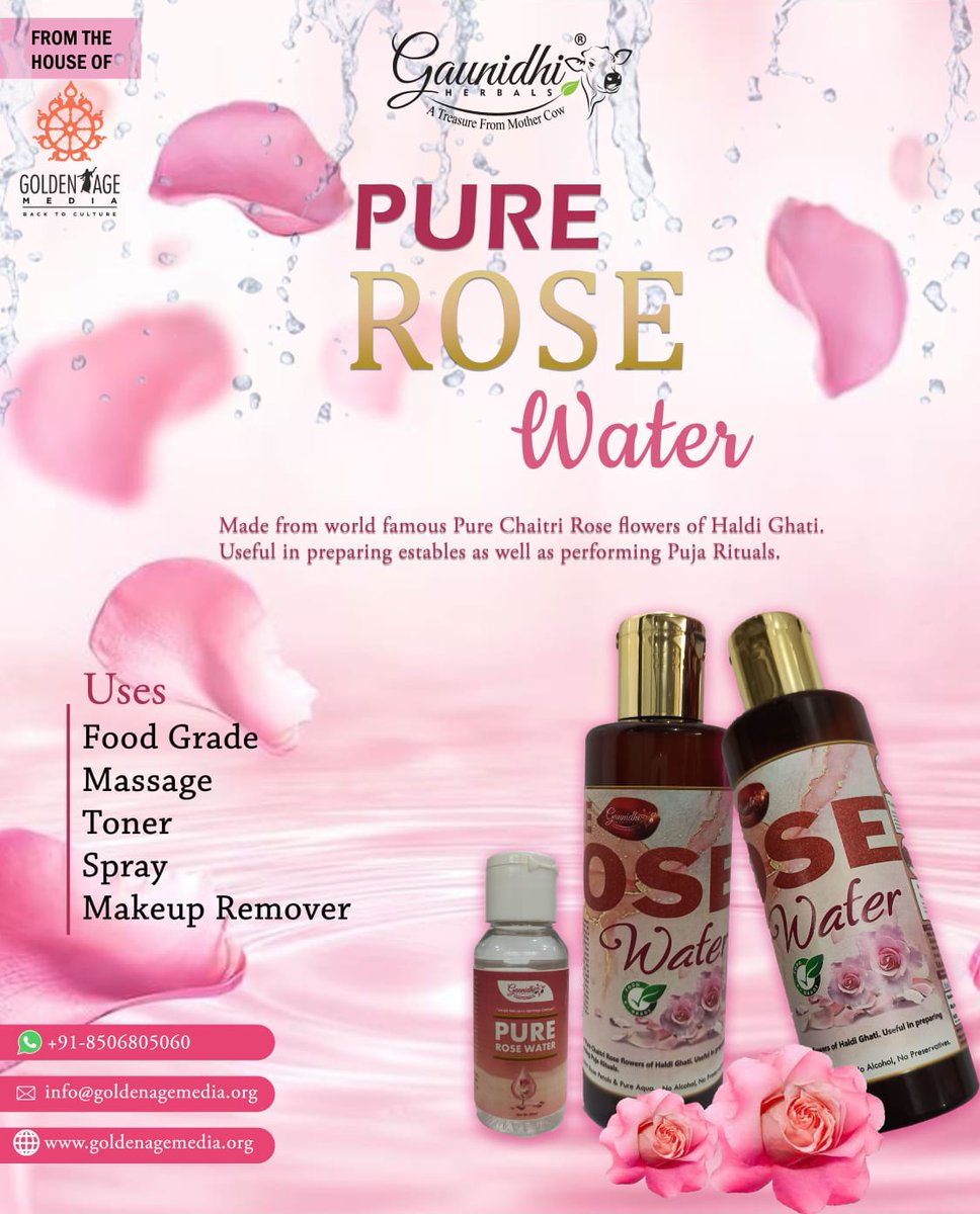 GAUNIDHI HERBAL PURE ROSE WATER : Made from world-famous Pure Chaitri Rose Flowers of Haldi Ghati Useful in preparing estable as well as performing Puja Rituals.

Buy Now: rb.gy/stap18

#goldenagemedia #Herbal #Gaunidhi #healthyskin #roses #rosewater #buy #beneficial