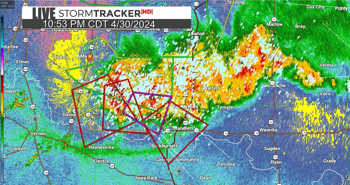 #SevereThunderstorms #Oklahoma #OKwx 

This cluster is moving into #Texas; heads up #WichitaFalls area, they're heading your way; A history of wind damage, numerous #tornado warnings.