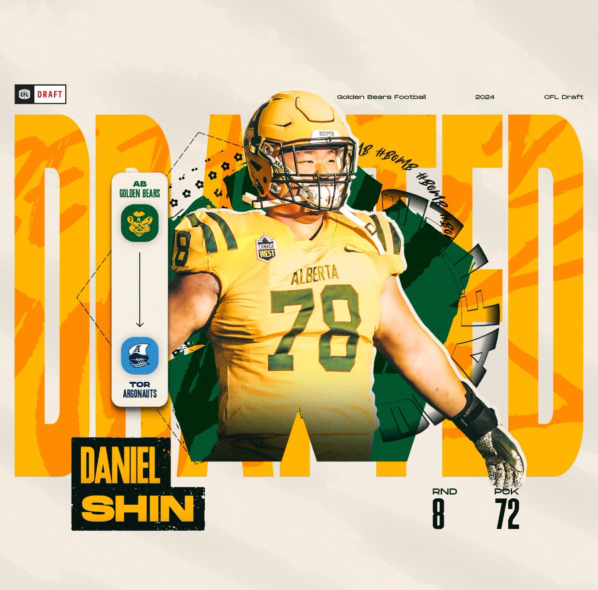 Two time All Canadian centre Daniel Shin is the fourth Golden Bear football player tonight selected in the CFL draft! Congratulations Daniel!