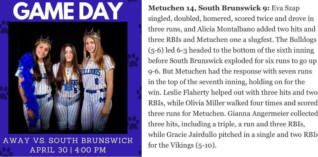 Let’s keep rolling!!🙌💨 “Szap singled, doubled, homered, scored twice & drove in 3 runs for the Bulldogs. Montalbano added 2 hits & 3 RBIs, while Flaherty helped out w/ 3 hits & 2 RBIs and Metuchen won a slugfest.”🐾🥎💙 @evaszap2025 @Alicia_Softball @lflaherty2024 #gameon 🔥