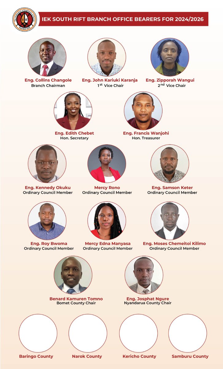 IEK South Rift Branch (@ieksouthrift) on Twitter photo Hello Engineers,
Meet the IEK South Rift Office Bearers 2024/26.
The team is charged and ready to serve our Branch.
Welcome team.
<a href="/TheIEK/">The Institution of Engineers of Kenya</a>
<a href="/ACEK1968/">The Association of Consulting Engineers of Kenya</a>
<a href="/KenyaFraternity/">KENYA ENGINEERING FRATERNITY</a> Hello Engineers,
Meet the IEK South Rift Office Bearers 2024/26.
The team is charged and ready to serve our Branch.
Welcome team.
<a href="/TheIEK/">The Institution of Engineers of Kenya</a>
<a href="/ACEK1968/">The Association of Consulting Engineers of Kenya</a>
<a href="/KenyaFraternity/">KENYA ENGINEERING FRATERNITY</a>