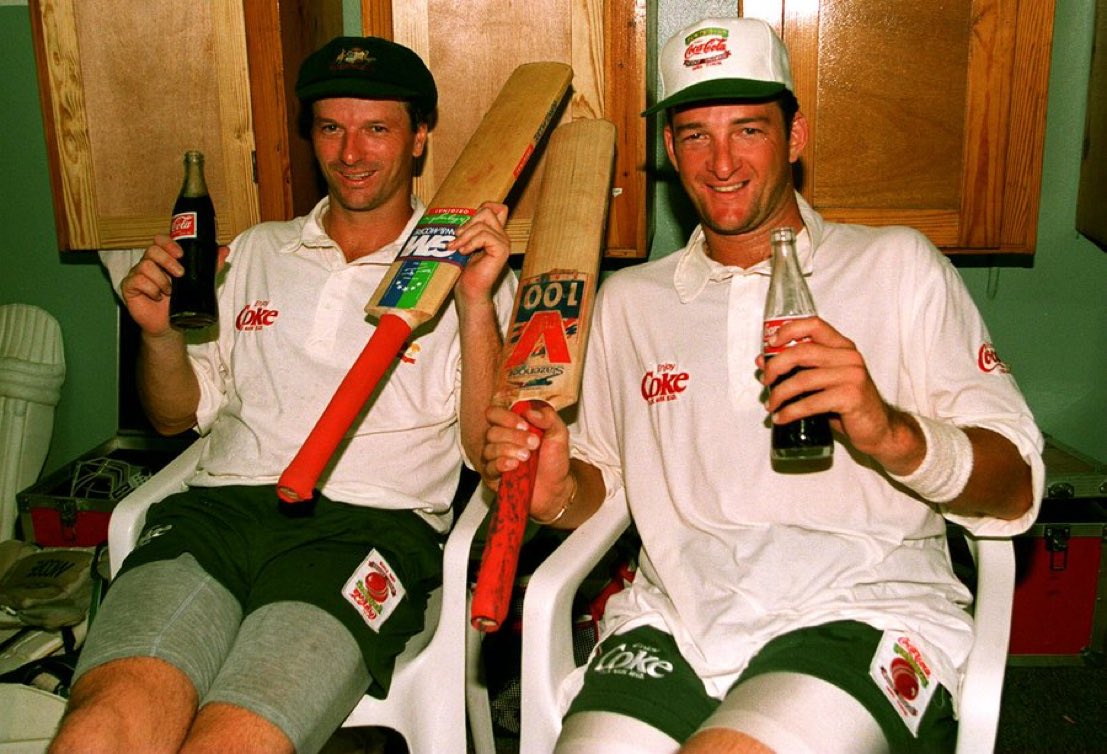 Steve Waugh (200) and Mark Waugh (126) relax in the dressing room after their hundreds against West Indies at Kingston in 1995. They both added 231 runs for 4th wicket. #OnThisDay !