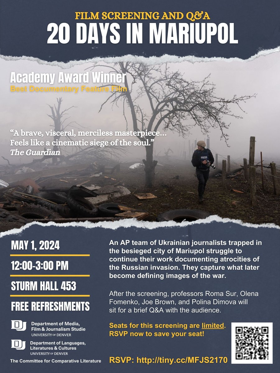 Tomorrow @MFJS_DU is presenting the #Oscar-winning Ukrainian documentary #20DaysInMariupol. Thanks in advance to colleague Roma Sur, Polina Dimova, Joe Brown, and Olena Fomenko for participating in a discussion with students after the screening.