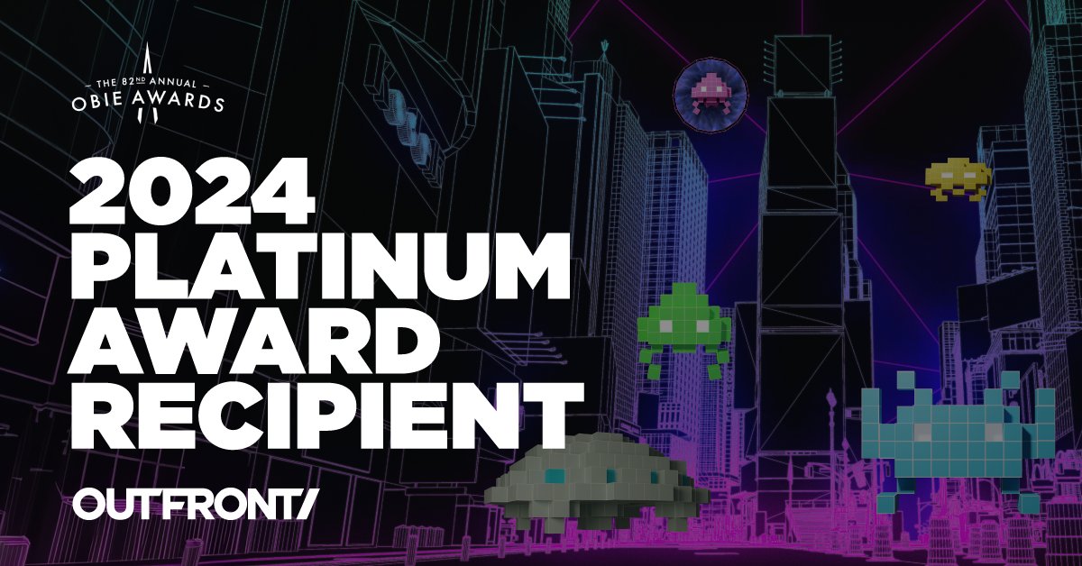 We are thrilled to share that OUTFRONT XLabs, in partnership with Taito, took home the PLATINUM award at last night's OAAA OBIE Awards for Space Invaders: World Defense! This campaign included a first of its kind global augmented reality mobile game. bit.ly/3Qf5M0Q