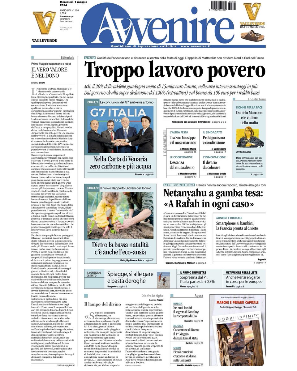 #1maggio Ecco la prima pagina di #Avvenire di oggi. 🔴A questo link buff.ly/2RhV0v2 puoi leggere la tua copia digitale, comprare una copia o abbonarti.